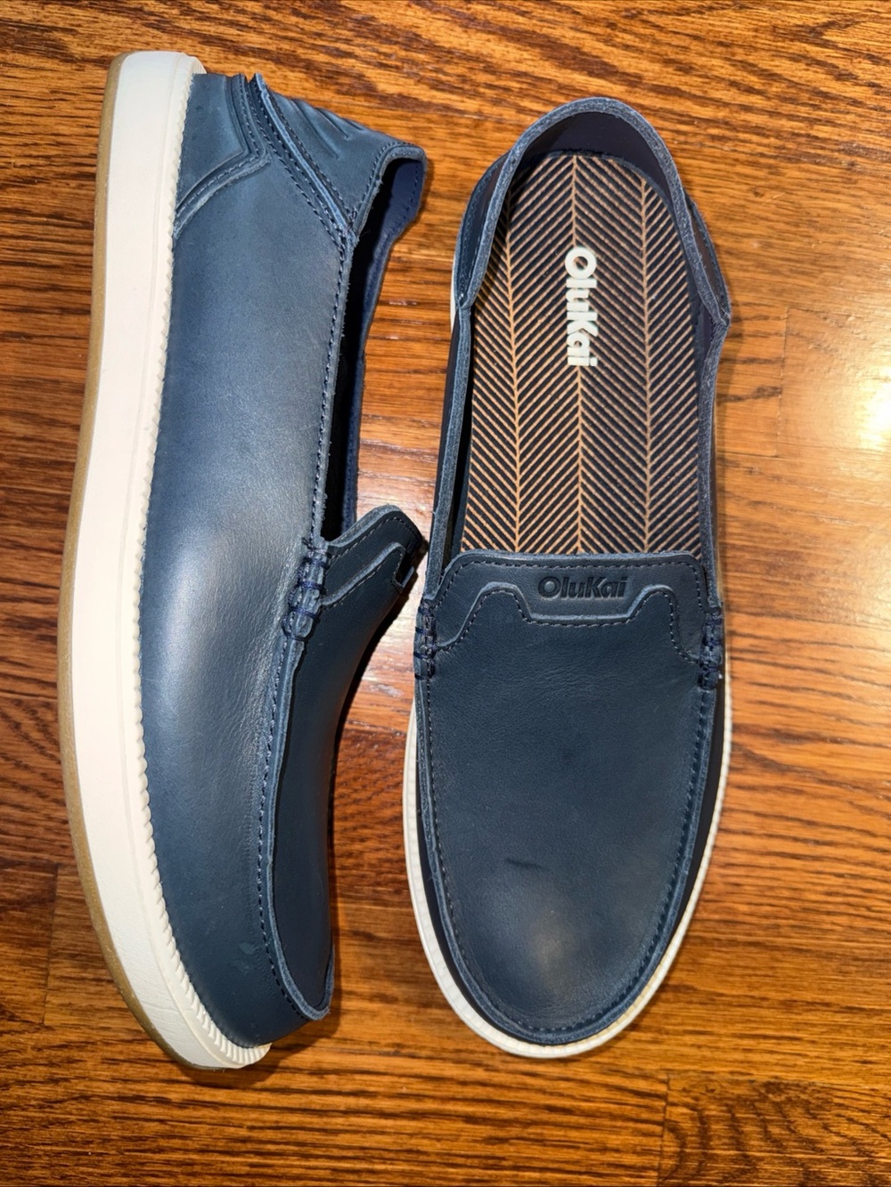 OluKai Men's Navy Leather Slip-On Loafers